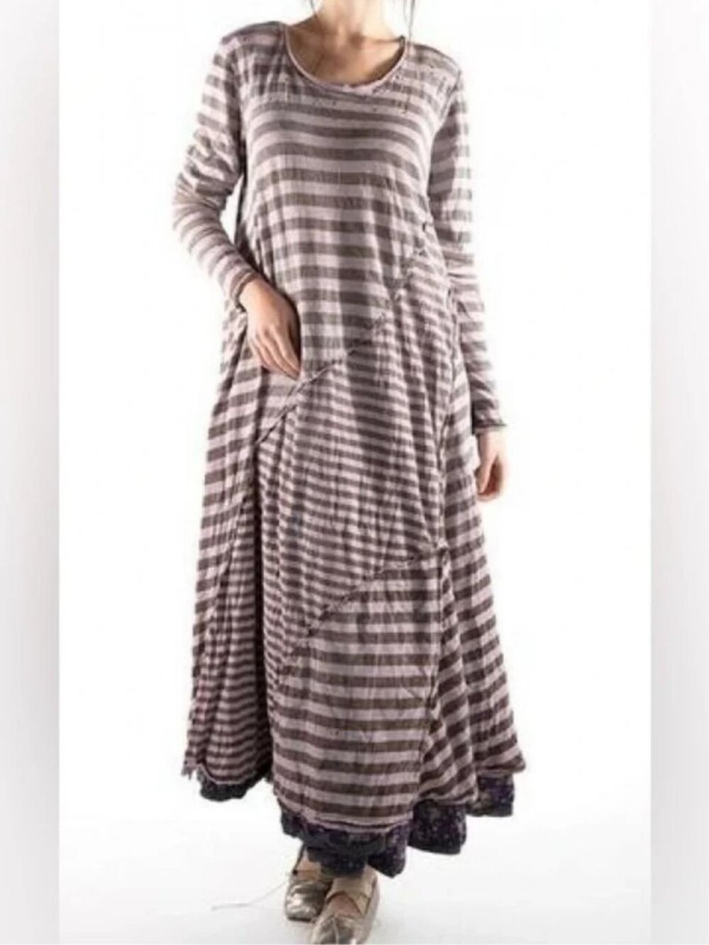 Magnolia Pearl Dylan Dress Purple Gray Stripe Patchwork Distressed Maxi One Size
